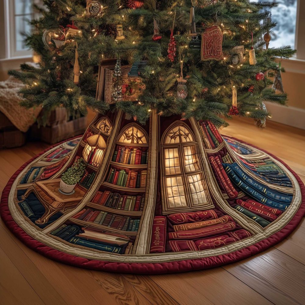 Glowing Window Library Tree Skirt — Bookish Christmas Skirt With Cozy Shelves Scene, Handmade Holiday Decor For Readers & Homes