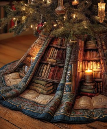 Cozy Candlelit Bookshelf Tree Skirt — Warm Library Christmas Skirt With Glowing Window Scene, Handmade Holiday Decor For Book Lovers