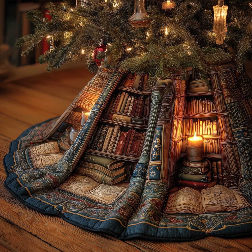 Cozy Candlelit Bookshelf Tree Skirt — Warm Library Christmas Skirt With Glowing Window Scene, Handmade Holiday Decor For Book Lovers