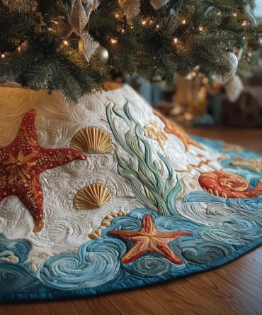 Starfish & Shells Blue Wave Tree Skirt — Coastal Christmas Skirt With Nautical Motifs, Handmade Beach Holiday Decor, Made To Order