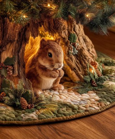 Charming Squirrel Christmas Tree Skirt — Hand-Appliqued Squirrel & Acorn Scene, Earth Tones, Custom Fit, Premium Stitching
