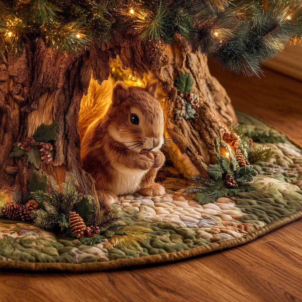Charming Squirrel Christmas Tree Skirt — Hand-Appliqued Squirrel & Acorn Scene, Earth Tones, Custom Fit, Premium Stitching