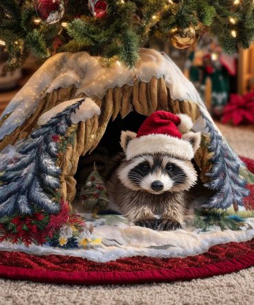 Festive Raccoon Santa Hat Tree Skirt — Made-To-Order Holiday Skirt With Cute Raccoon In Hollow, Cheerful Christmas Accent