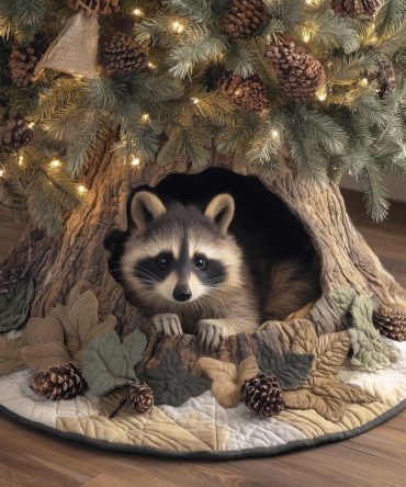 Raccoon Peeking Tree Skirt — Whimsical Handmade Christmas Skirt, Forest Animal Holiday Decor With Charming Hollow Peek