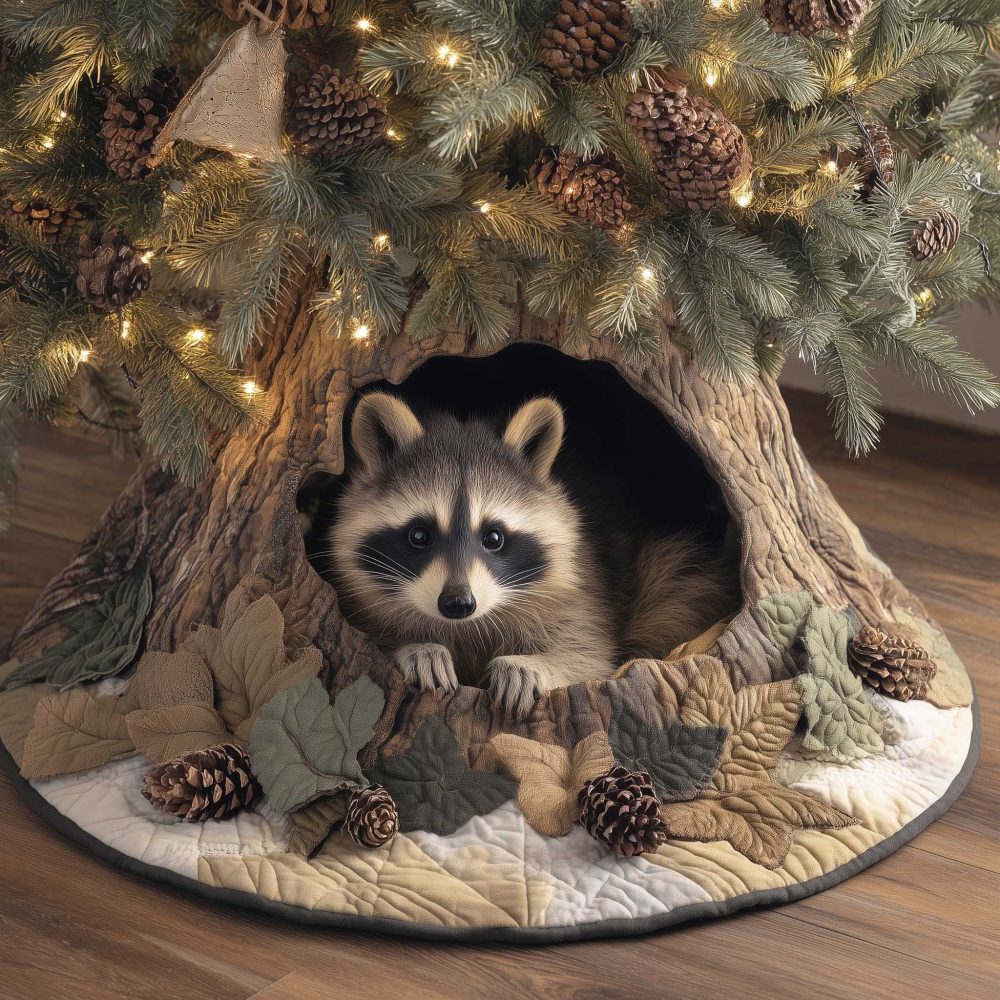 Raccoon Peeking Tree Skirt — Whimsical Handmade Christmas Skirt, Forest Animal Holiday Decor With Charming Hollow Peek