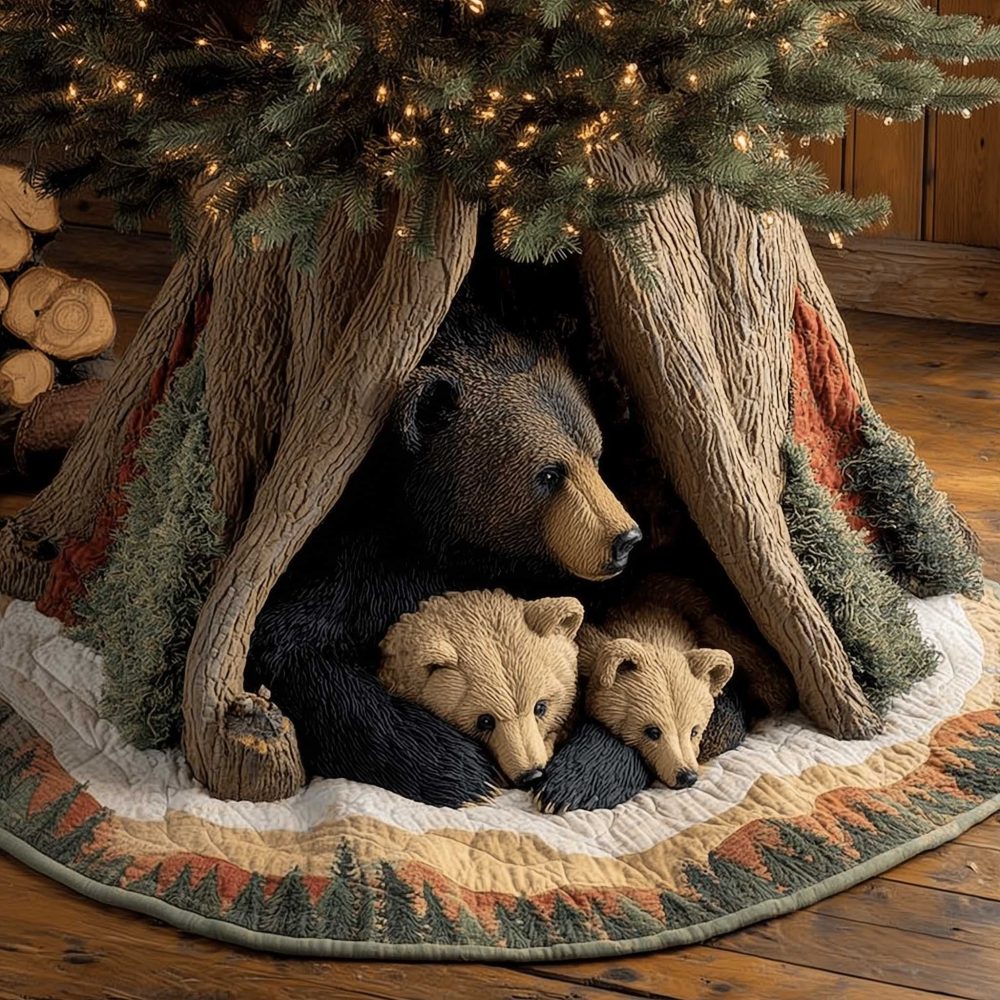 Black Bear Family Tree Skirt — Rustic Handmade Christmas Skirt With Mama Bear & Cubs, Warm Woodland Holiday Accent