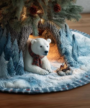 Arctic Campfire Polar Bear Tree Skirt — Handmade Christmas Skirt With Cozy Cave Scene, Unique Winter Lodge Decor