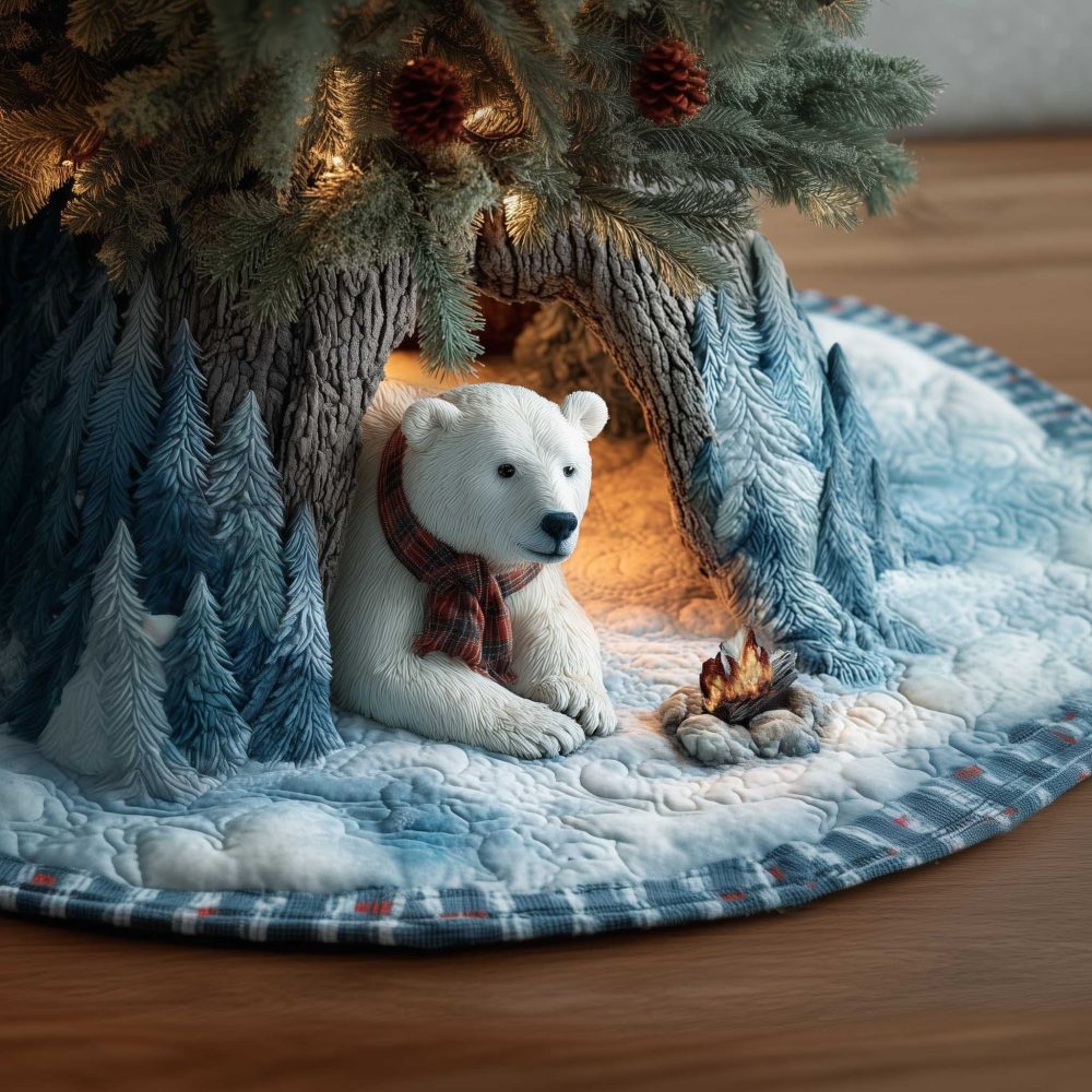 Arctic Campfire Polar Bear Tree Skirt — Handmade Christmas Skirt With Cozy Cave Scene, Unique Winter Lodge Decor