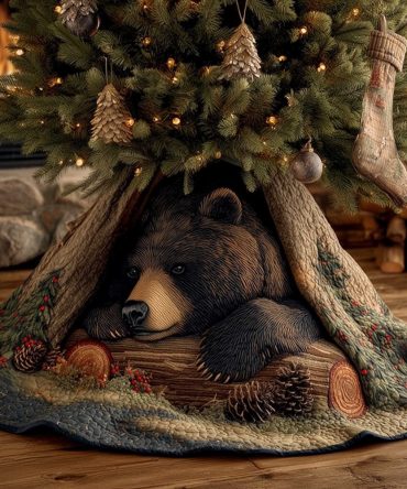 Sleeping Black Bear Log Scene Christmas Tree Skirt — Cozy Rustic Holiday Decor With Snoozing Bear, Handmade & Made To Order
