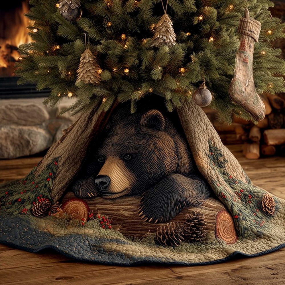 Sleeping Black Bear Log Scene Christmas Tree Skirt — Cozy Rustic Holiday Decor With Snoozing Bear, Handmade & Made To Order