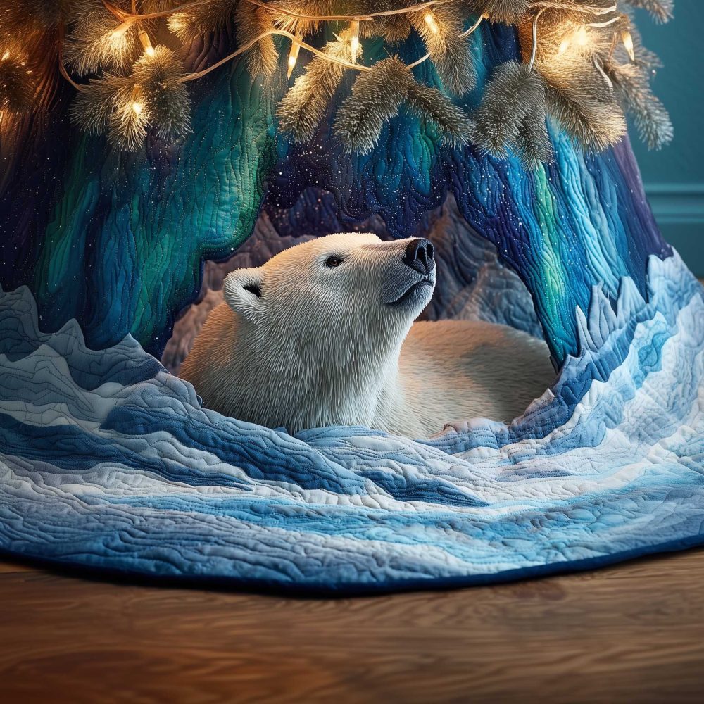 Polar Bear Tree Skirt Under Northern Lights — Handmade Personalized Christmas Skirt, Cozy Arctic Holiday Decor