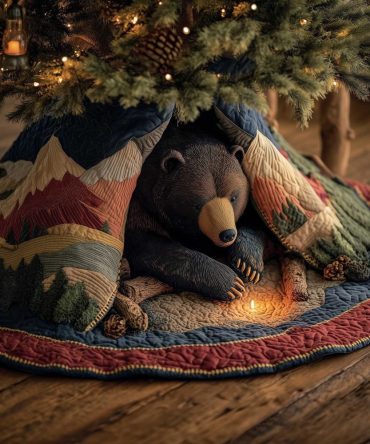 Mountain Campfire Bear Christmas Tree Skirt — Rustic Camping-Themed Holiday Decor With Bear By The Fire, Custom Handmade Skirt
