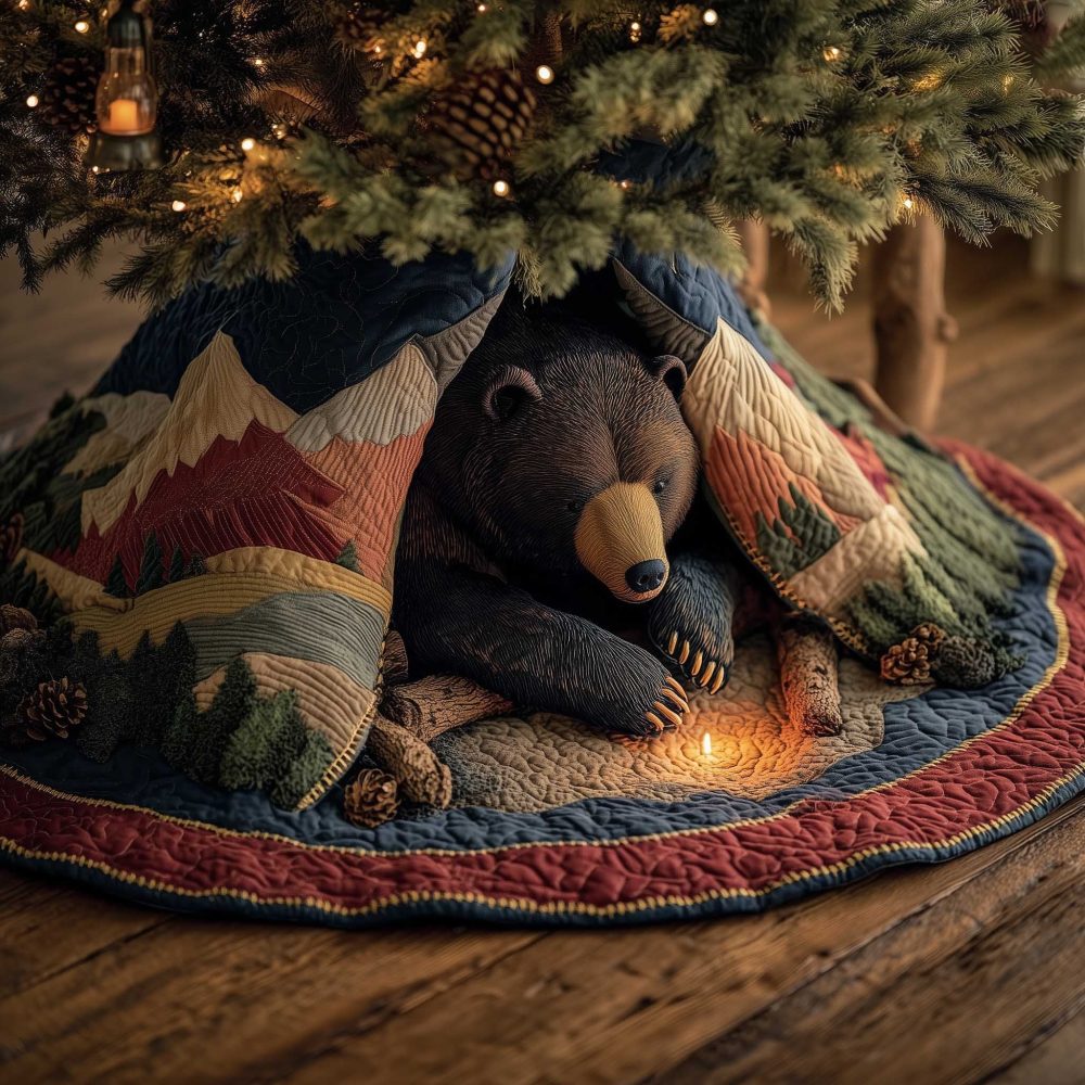 Mountain Campfire Bear Christmas Tree Skirt — Rustic Camping-Themed Holiday Decor With Bear By The Fire, Custom Handmade Skirt
