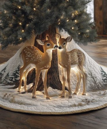 Golden Deer Family Snow Scene Christmas Tree Skirt — Luxurious Winter Holiday Decor, Handmade & Made To Order With Personalization