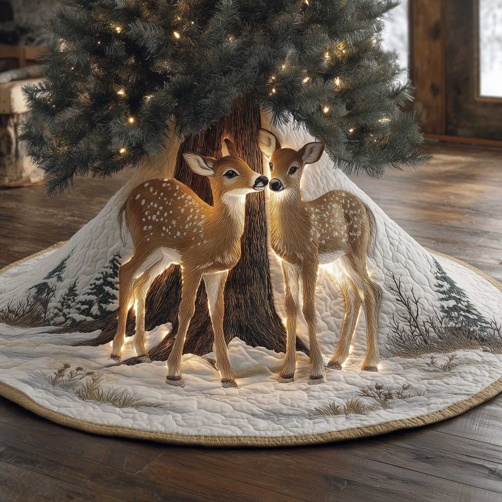 Golden Deer Family Snow Scene Christmas Tree Skirt — Luxurious Winter Holiday Decor, Handmade & Made To Order With Personalization