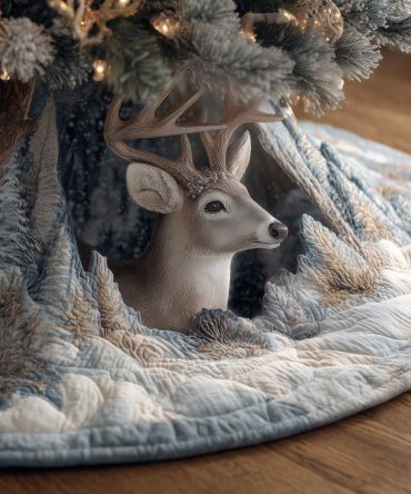 Elegant White Deer On Snow Quilt Christmas Tree Skirt — Winter Wonderland Holiday Decor, Custom Handmade With Luxe Finish