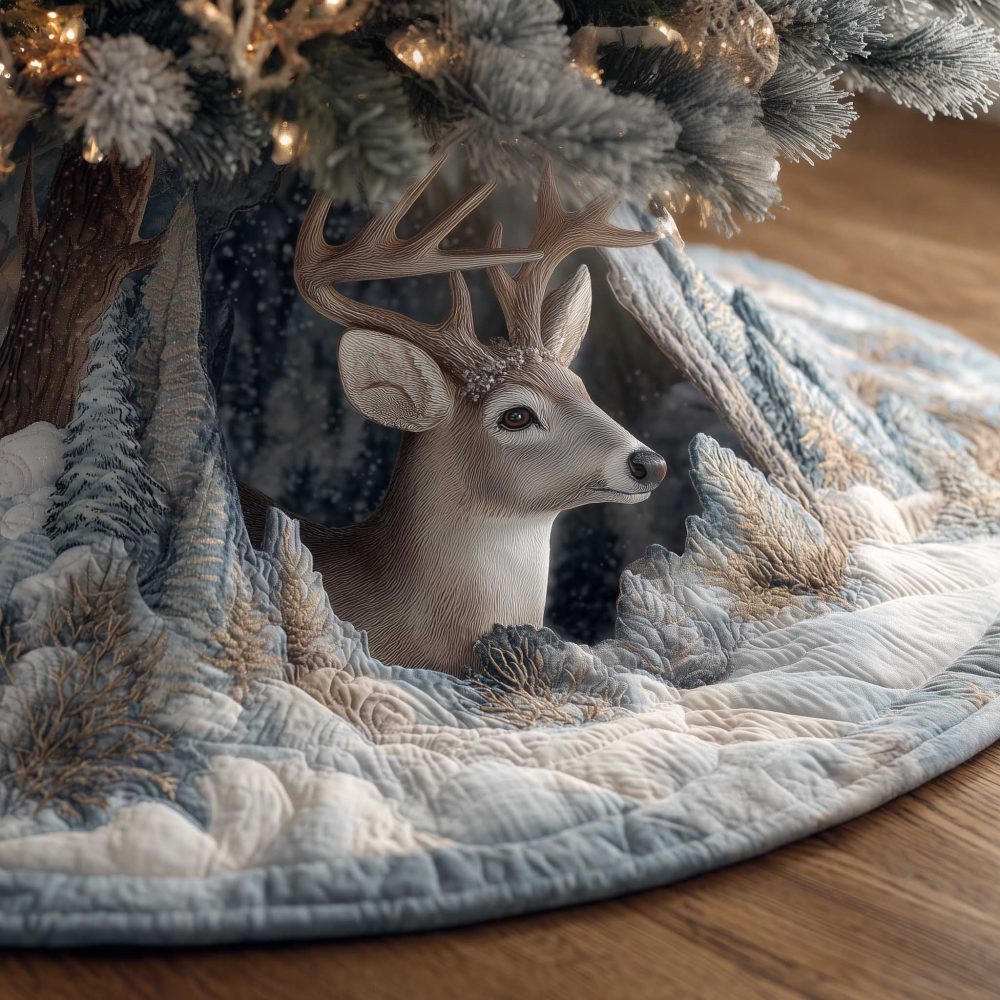 Elegant White Deer On Snow Quilt Christmas Tree Skirt — Winter Wonderland Holiday Decor, Custom Handmade With Luxe Finish