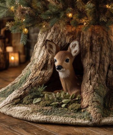 Mossy Tree Hollow Fawn Christmas Tree Skirt — Made To Order Woodland Accent With Detailed Moss And Hollow Art, Custom Sizes
