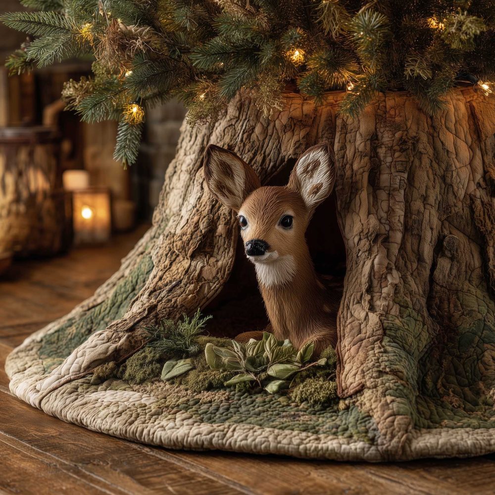 Mossy Tree Hollow Fawn Christmas Tree Skirt — Made To Order Woodland Accent With Detailed Moss And Hollow Art, Custom Sizes