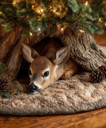 Pinecone & Fawn Christmas Tree Skirt — Natural Woodland Holiday Skirt With Lying Fawn Motif, Made To Order & Customizable