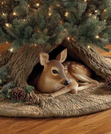 Woodland Log Scene Christmas Tree Skirt With Two Resting Fawns — Custom Handmade Rustic Holiday Skirt, Multiple Size Options