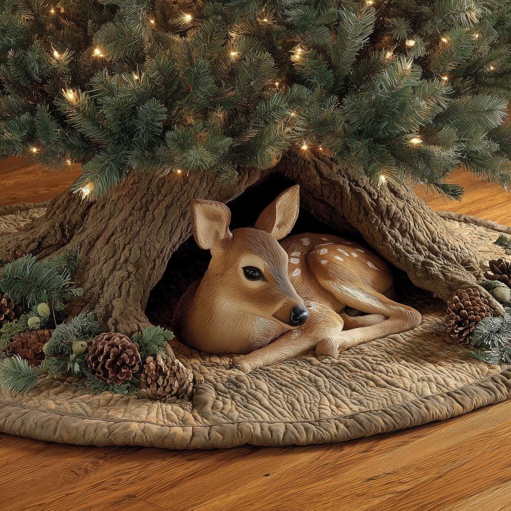 Woodland Log Scene Christmas Tree Skirt With Two Resting Fawns — Custom Handmade Rustic Holiday Skirt, Multiple Size Options