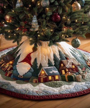 Glowing Village Gnome Christmas Tree Skirt - Custom Made Holiday Skirt With Twinkling Village & Gnome Scene, Made To Order