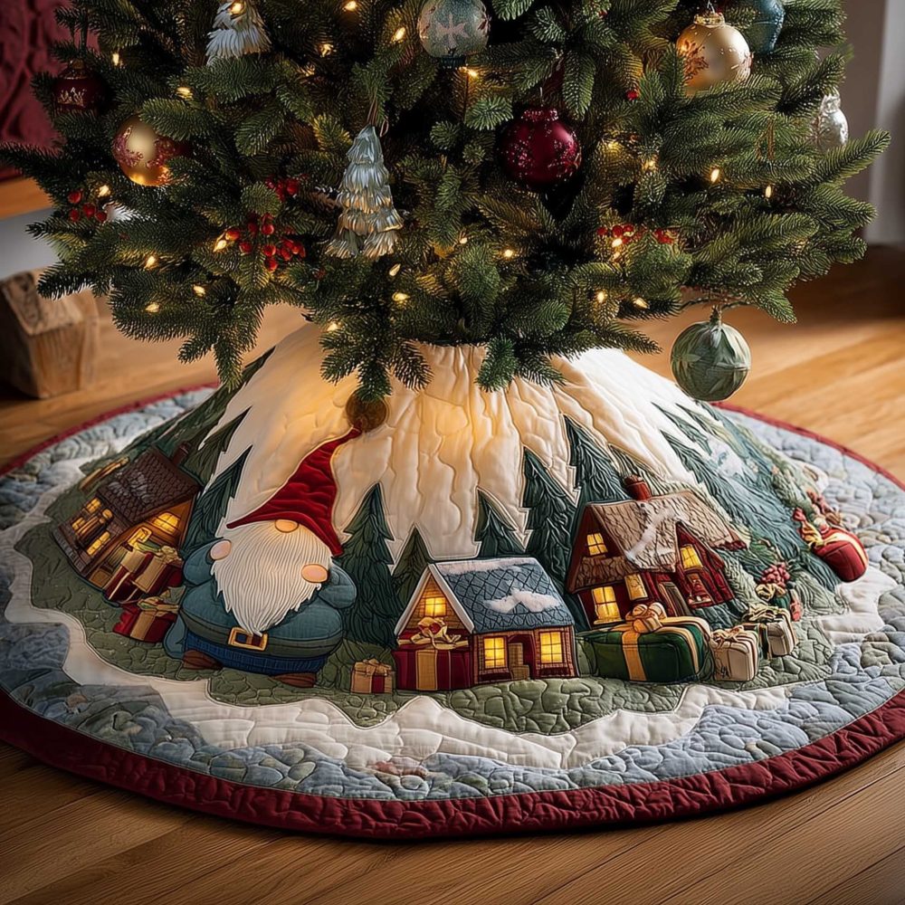 Glowing Village Gnome Christmas Tree Skirt - Custom Made Holiday Skirt With Twinkling Village & Gnome Scene, Made To Order