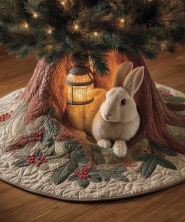 Vintage Lantern & White Rabbit Christmas Tree Skirt - Elegant Snowy Scene, Custom Made To Order Holiday Decor