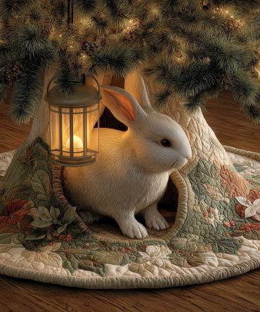 Rustic Hollow Rabbit Tree Skirt With Lantern Illustration - Custom Made Christmas Tree Skirt, Made To Order Holiday Decor