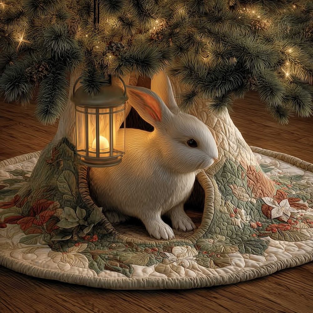 Rustic Hollow Rabbit Tree Skirt With Lantern Illustration - Custom Made Christmas Tree Skirt, Made To Order Holiday Decor