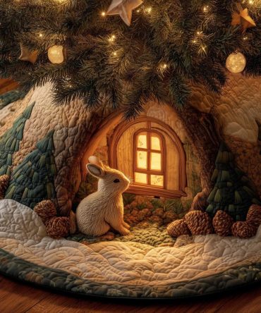 Glowing Window Rabbit Holiday Tree Skirt With Cozy Tree Cottage Artwork - Custom Made To Order Christmas Skirt