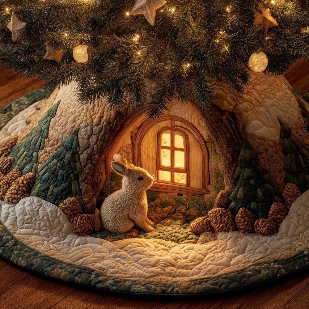 Glowing Window Rabbit Holiday Tree Skirt With Cozy Tree Cottage Artwork - Custom Made To Order Christmas Skirt