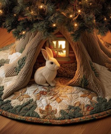 Whimsical Treehouse Rabbit Christmas Tree Skirt - Made To Order Holiday Accent With Enchanted Door Illustration