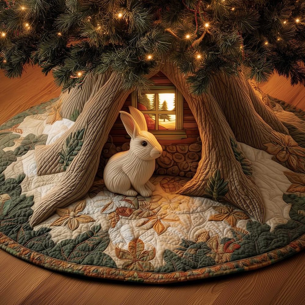 Whimsical Treehouse Rabbit Christmas Tree Skirt - Made To Order Holiday Accent With Enchanted Door Illustration