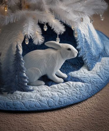 Blue Woodland Rabbit Christmas Tree Skirt With Snowy Forest Illustration - Made To Order, Premium Holiday Skirt