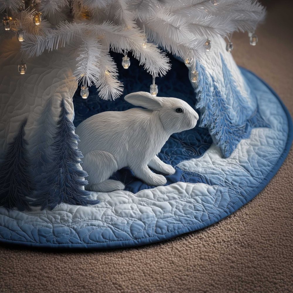 Blue Woodland Rabbit Christmas Tree Skirt With Snowy Forest Illustration - Made To Order, Premium Holiday Skirt
