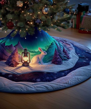 Aurora Lantern Rabbit Christmas Tree Skirt - Handcrafted Night Sky Design, Made To Order Festive Tree Skirt