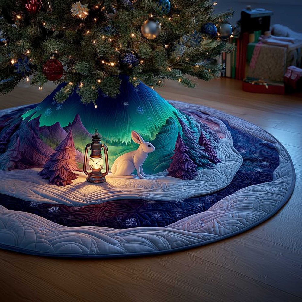 Aurora Lantern Rabbit Christmas Tree Skirt - Handcrafted Night Sky Design, Made To Order Festive Tree Skirt