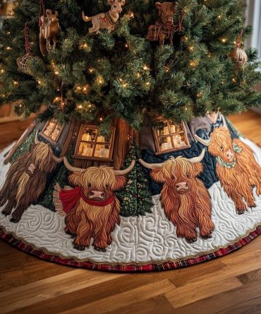 Custom Highland Cow Holiday Tree Skirt Featuring Snowy Village Houses - Made To Order Festive Tree Skirt