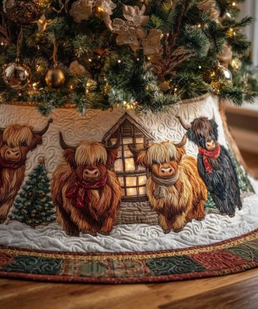 Handcrafted Highland Cow Christmas Tree Skirt With Charming Cottage Scene - Personalized Made To Order Holiday Decor