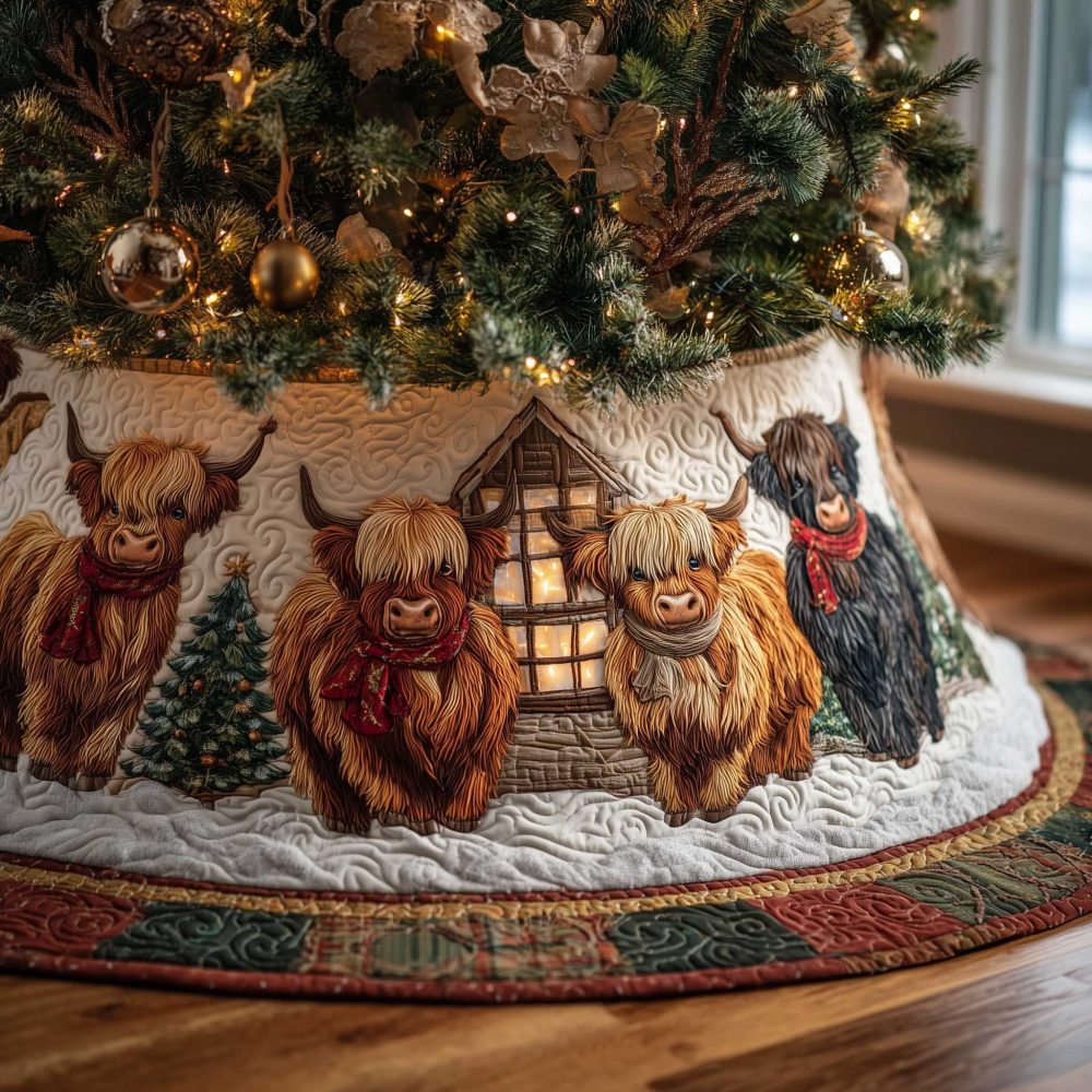 Handcrafted Highland Cow Christmas Tree Skirt With Charming Cottage Scene - Personalized Made To Order Holiday Decor