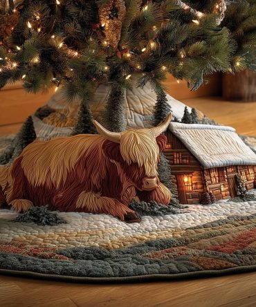 Handmade Highland Cow Christmas Tree Skirt With Cozy Log Cabin Scene - Custom Holiday Tree Skirt, Made To Order