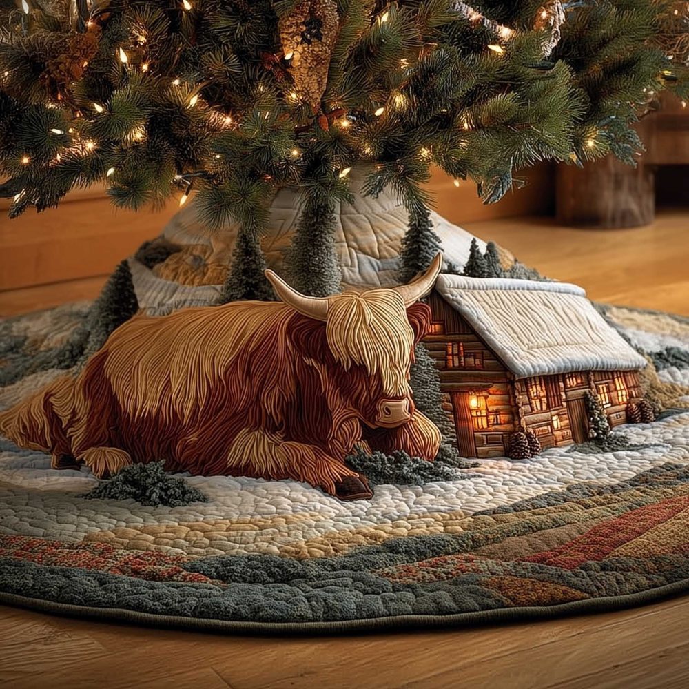 Handmade Highland Cow Christmas Tree Skirt With Cozy Log Cabin Scene - Custom Holiday Tree Skirt, Made To Order