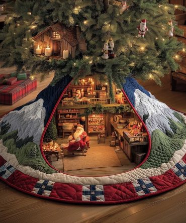 Handmade Santa Mountain Workshop Christmas Tree Skirt — Plush Custom Holiday Tree Skirt For Festive Home Decor