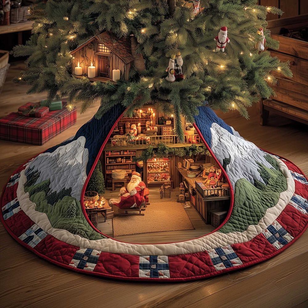 Handmade Santa Mountain Workshop Christmas Tree Skirt — Plush Custom Holiday Tree Skirt For Festive Home Decor