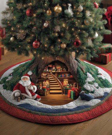 Alpine Santa Christmas Tree Skirt — Made-To-Order Rustic Holiday Base With Santa In The Alpine Den, Premium Plush & Custom Fit