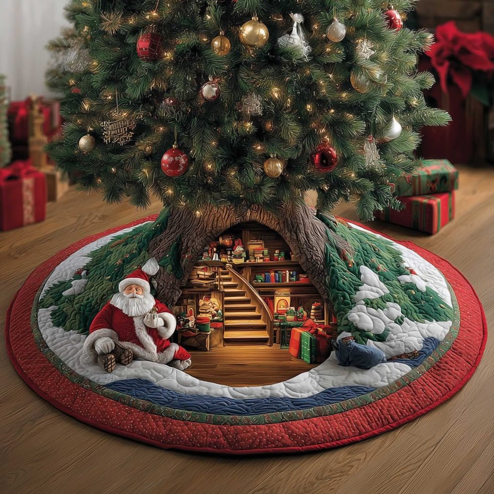 Alpine Santa Christmas Tree Skirt — Made-To-Order Rustic Holiday Base With Santa In The Alpine Den, Premium Plush & Custom Fit