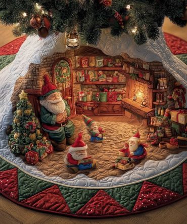 Gnome Toy Shop Under The Tree Christmas Tree Skirt — Whimsical Made-To-Order Holiday Mat, Premium Fabric, Custom Sizes Available