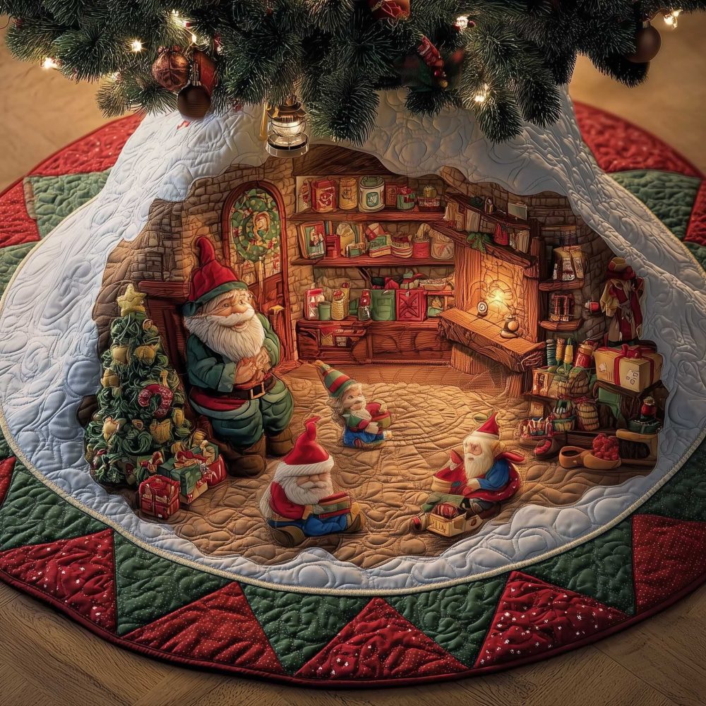 Gnome Toy Shop Under The Tree Christmas Tree Skirt — Whimsical Made-To-Order Holiday Mat, Premium Fabric, Custom Sizes Available
